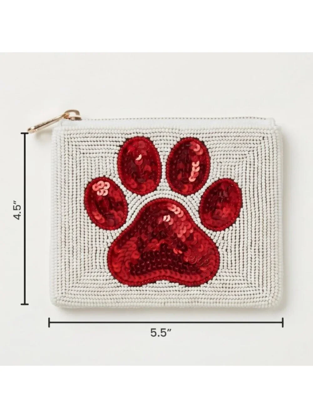 Red Beaded Coin Purse with Zipper, Paw Print Design, Cute Change Wallet